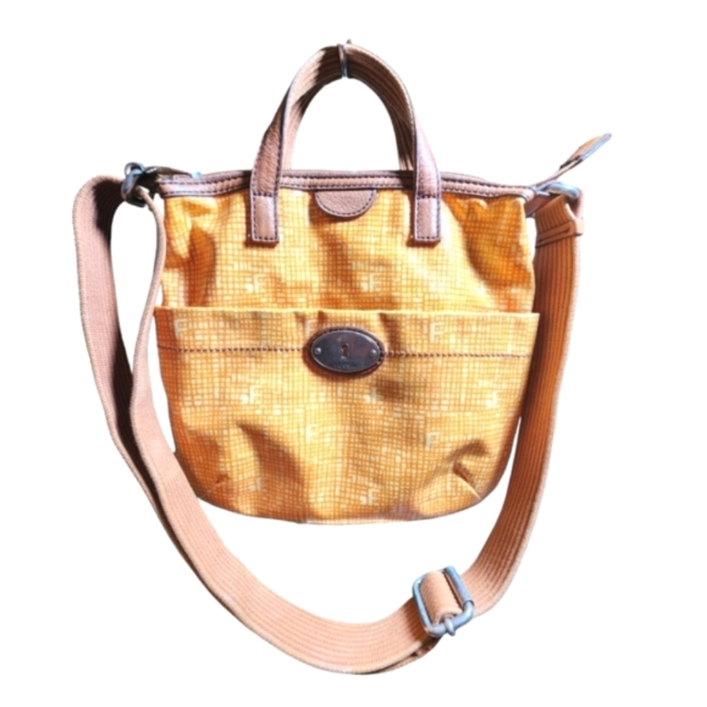 Vintage Fossil Key-Per‎ PVC Coated Orange Canvas Crossbody Bag 11"X10.5"